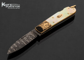 Warren Osborne Custom Knife Damascus and Gold Lip Pearl Engraved with 18kt Gold by Christy George-00 with Gold Escutcheon and Bail 17584