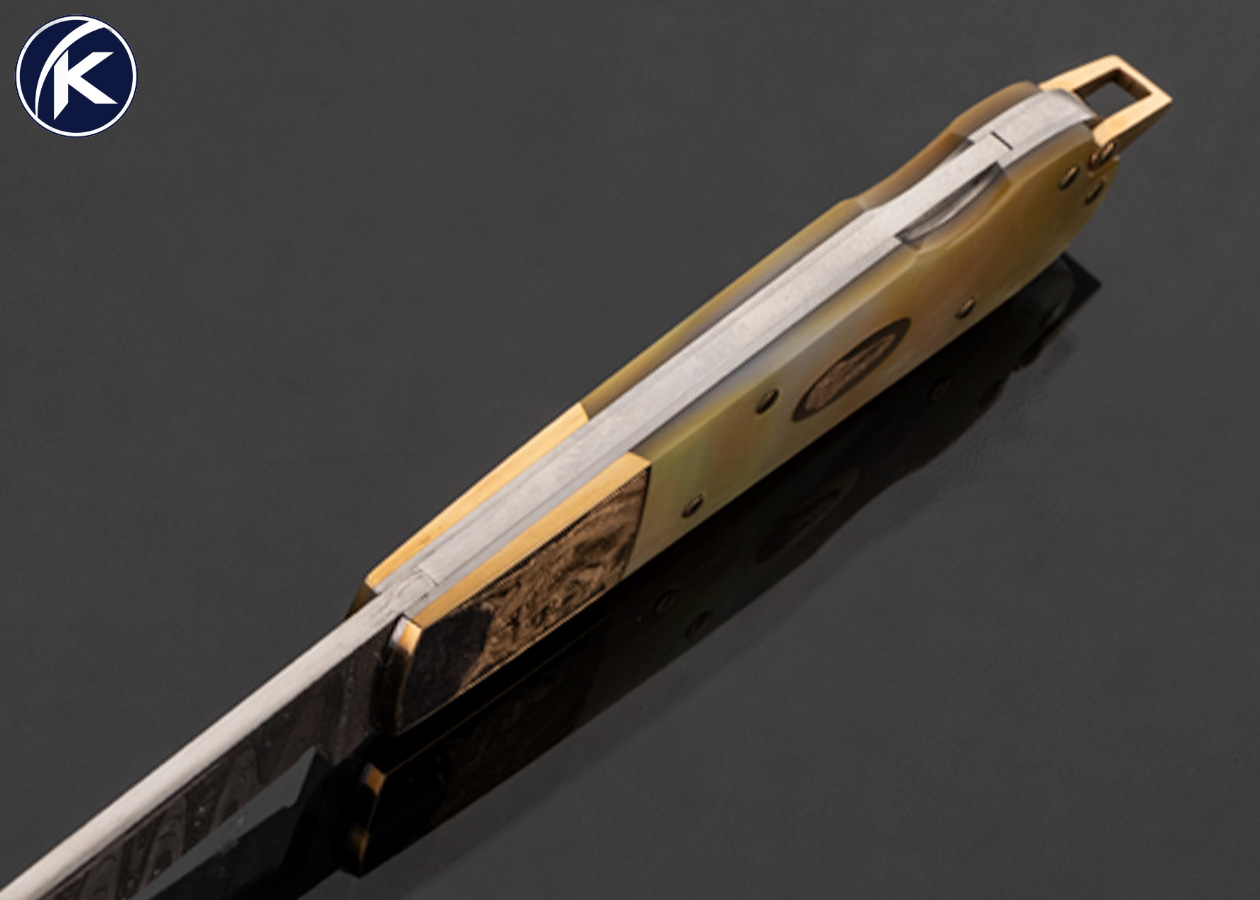Warren Osborne Custom Knife Damascus and Gold Lip Pearl with 18Kt Gold Bolsters Engraved by Christy George with Gold Escutcheon and Bail - Image 4