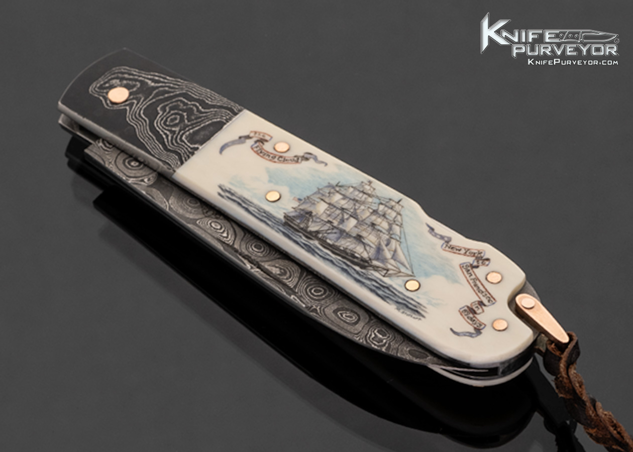 Warren Osborne Custom Knife Damascus and Mammoth Lockback Scrimshawed "Flying Cloud and Routes" by Matt Stothart with Rose Gold Pins and Bail - Image 2