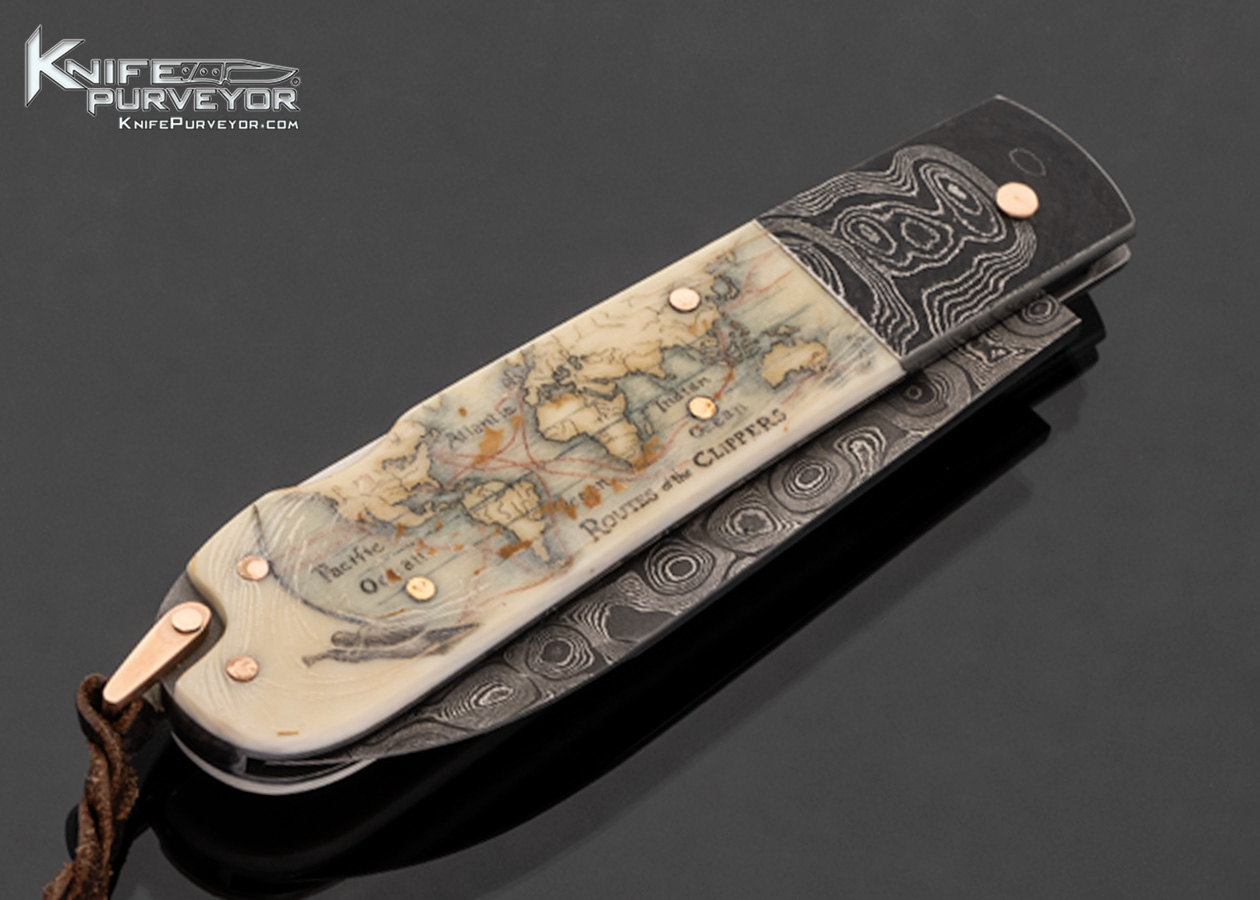Warren Osborne Custom Knife Damascus and Mammoth Lockback Scrimshawed "Flying Cloud and Routes" by Matt Stothart with Rose Gold Pins and Bail - Image 4