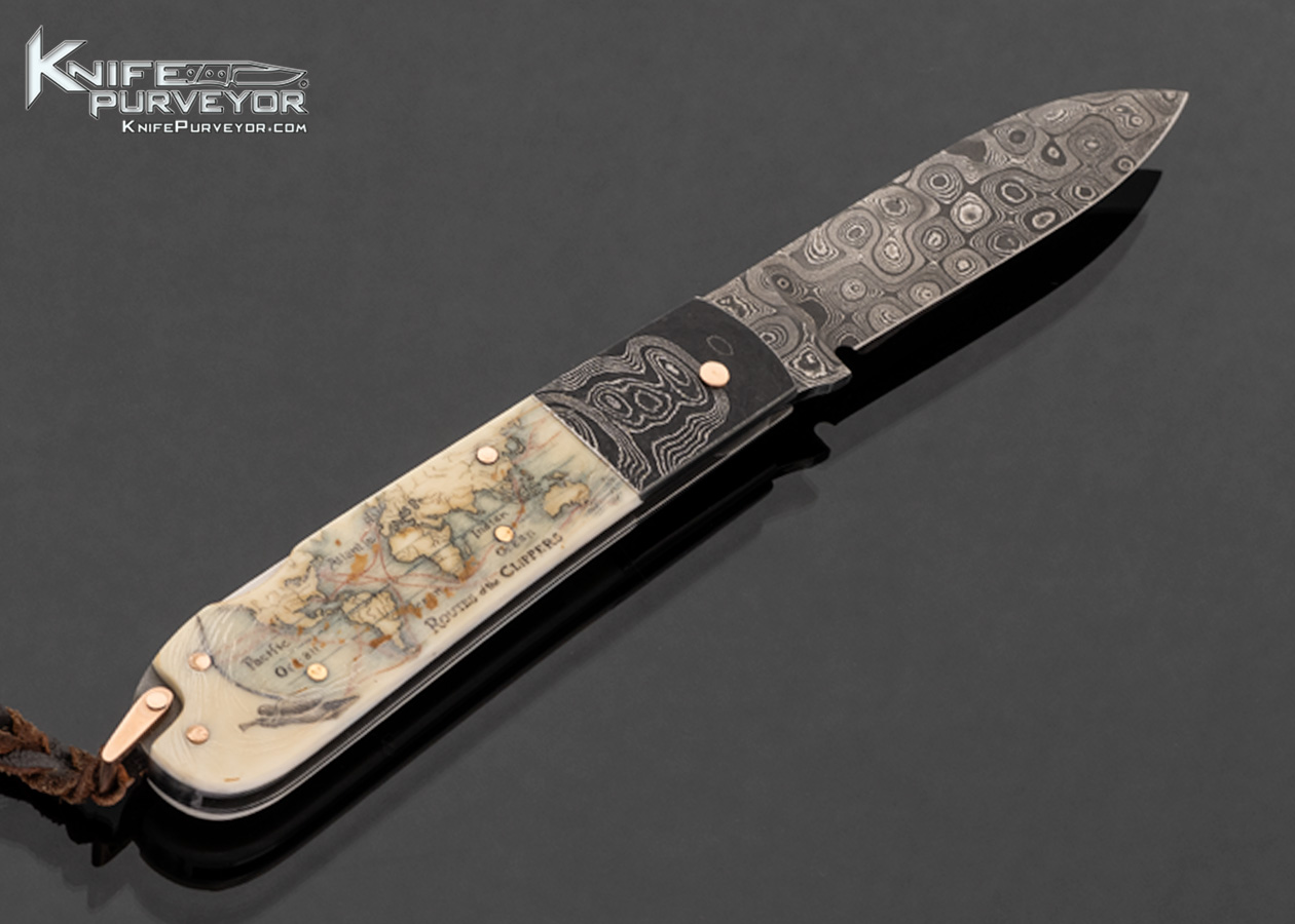 Warren Osborne Custom Knife Damascus and Mammoth Lockback Scrimshawed "Flying Cloud and Routes" by Matt Stothart with Rose Gold Pins and Bail - Image 3