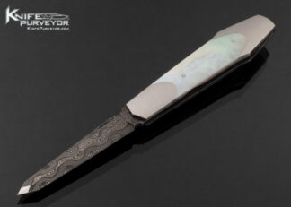Warren Osborne Custom Knife Mike Norris Damascus and White Fire Pearl Coffin Handle Boot Knife Lockback
