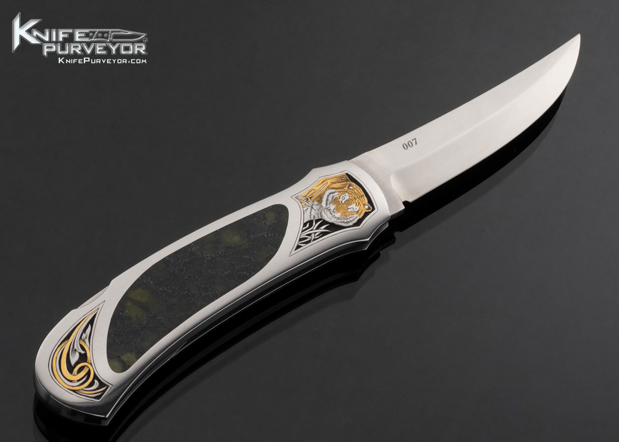 Warren Osborne Custom Knife Tigers Engraved with Gold Inlays by Tim and Christy George and Serpentine Stone Interframe #007
