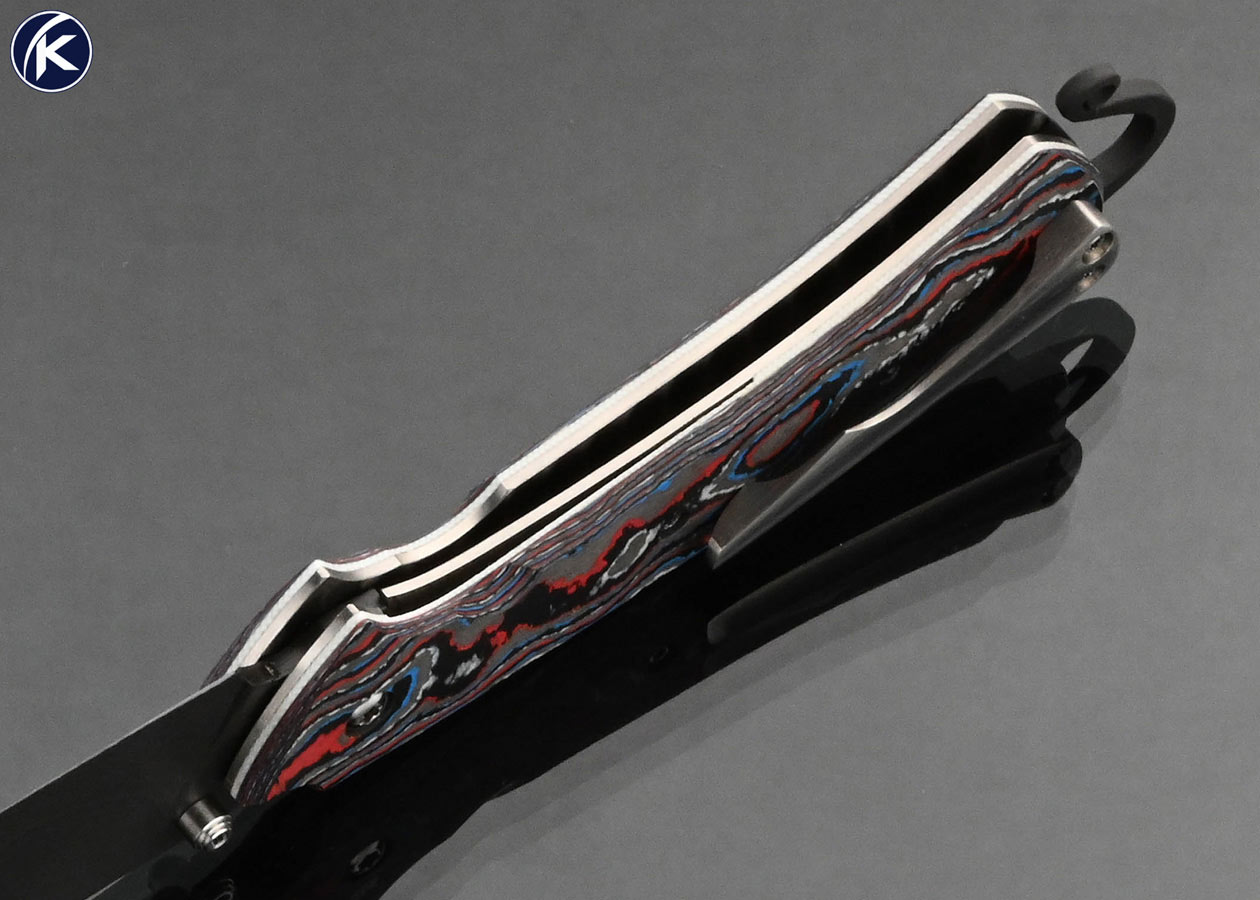 Yi Huang Stardust Forge Custom Knife Parkerized Damascus CamoCarbon Fiber Aires Linerlock