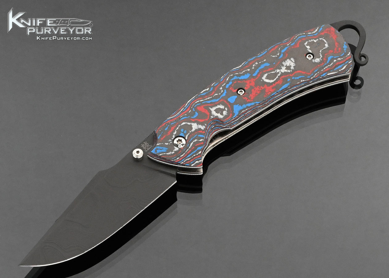 Yi Huang Stardust Forge Custom Knife Parkerized Damascus CamoCarbon Fiber Aires Linerlock