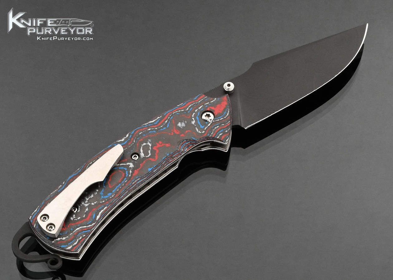 Yi Huang Stardust Forge Custom Knife Parkerized Damascus CamoCarbon Fiber Aires Linerlock