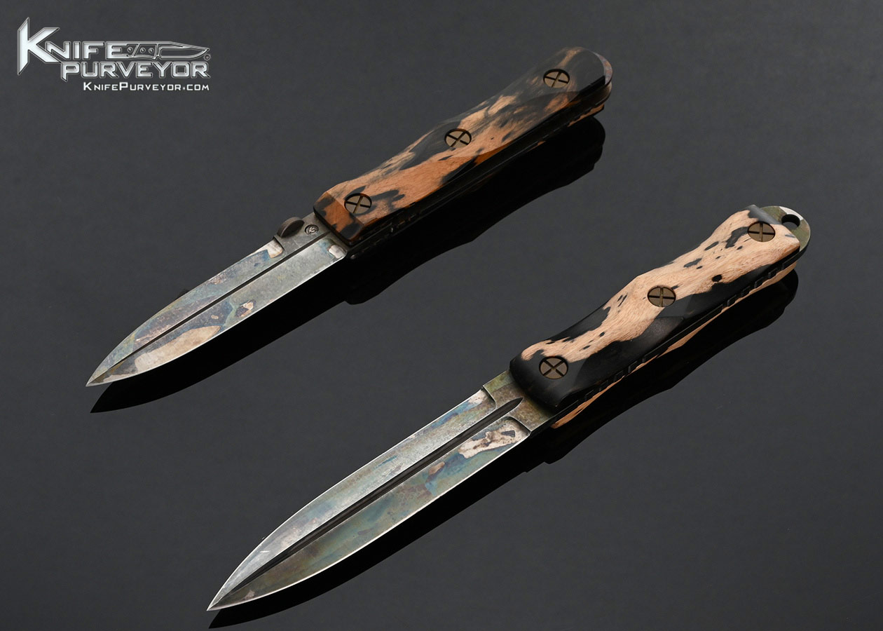 Allen-Elishewitz-Custom-Knife-EK-Folder-with-Mun-Ebony-and-EK-Commander-Dagger-with-Mun-Ebony-and-Sheath-Set-In-Wooden-Display-Box-