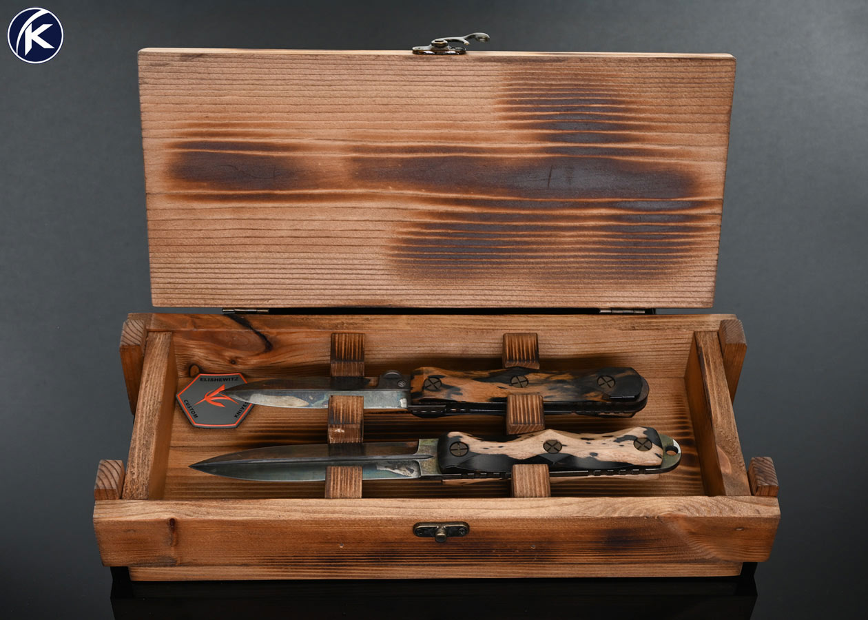 Allen Elishewitz Custom Knife EK Folder with Mun Ebony and EK Commander Dagger with Mun Ebony and Sheath Set In Wooden Display Box