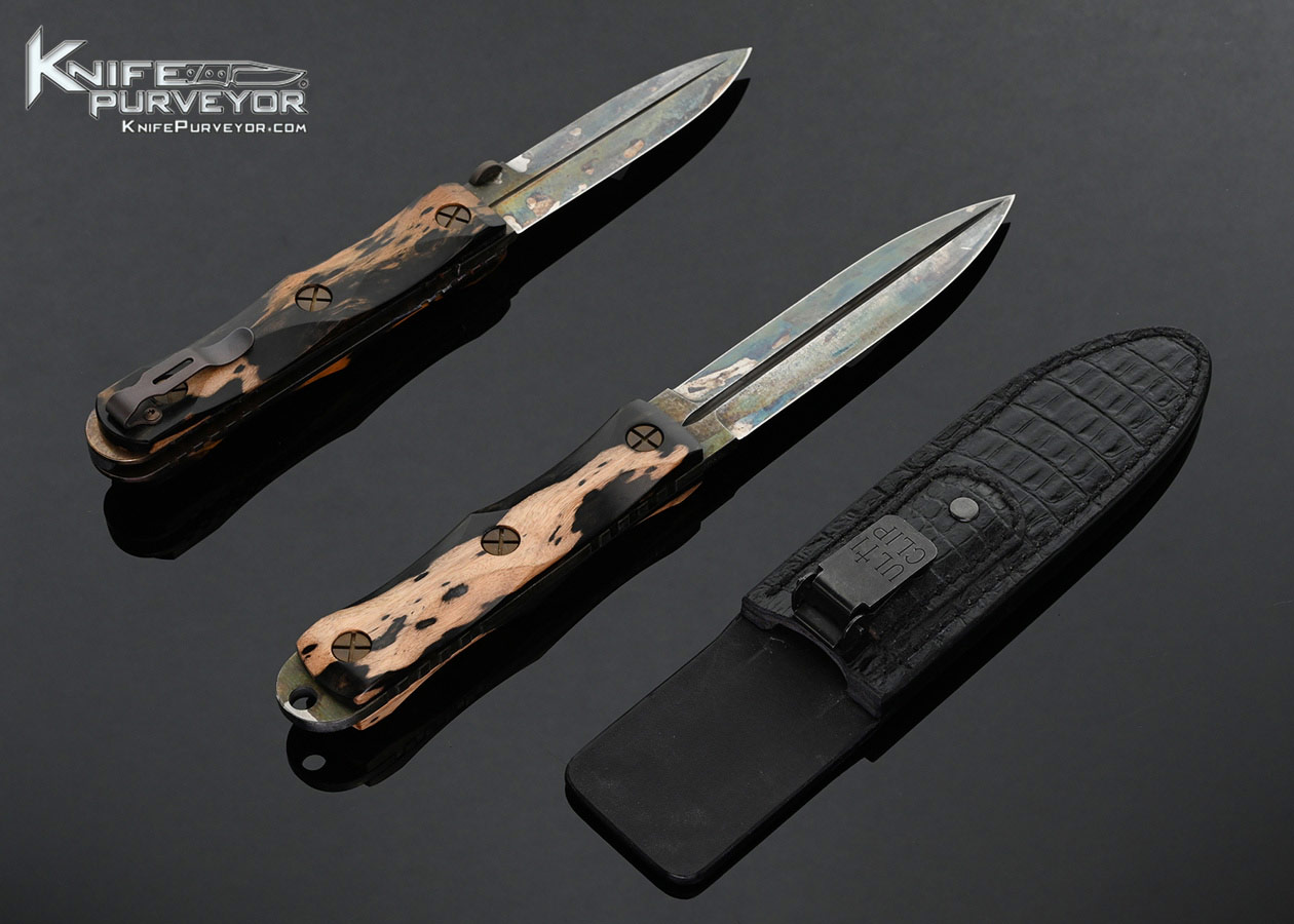 Allen-Elishewitz-Custom-Knife-EK-Folder-with-Mun-Ebony-and-EK-Commander-Dagger-with-Mun-Ebony-and-Sheath-Set-In-Wooden-Display-Box-