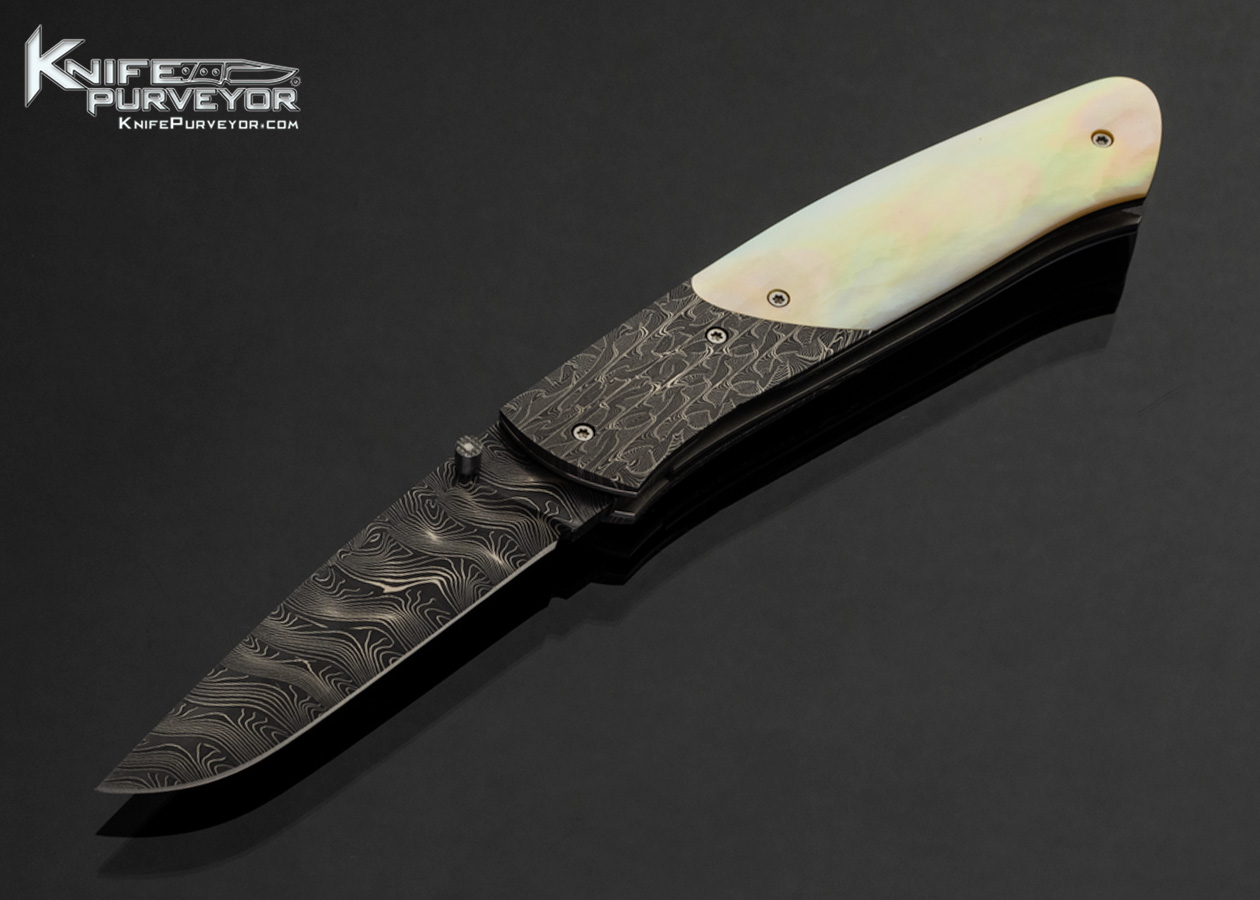 Bill Ankrom Custom Knife Robert Eggerling Damascus and South Sea Gold Lip Pearl Shell Linerlock 17990