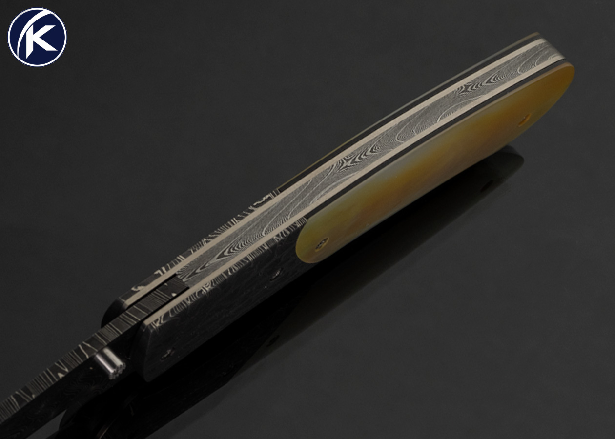 Bill Ankrom Custom Knife Robert Eggerling Damascus and South Sea Gold Lip Pearl Shell Linerlock - Image 4