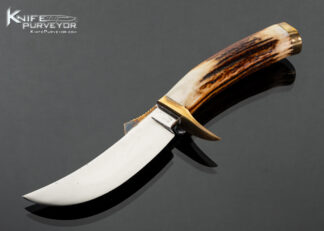 Bill Moran Custom Knife Lime Kiln Upswept Skinner with Brass Thumb Guard and Amber Stag with Sheath 18132