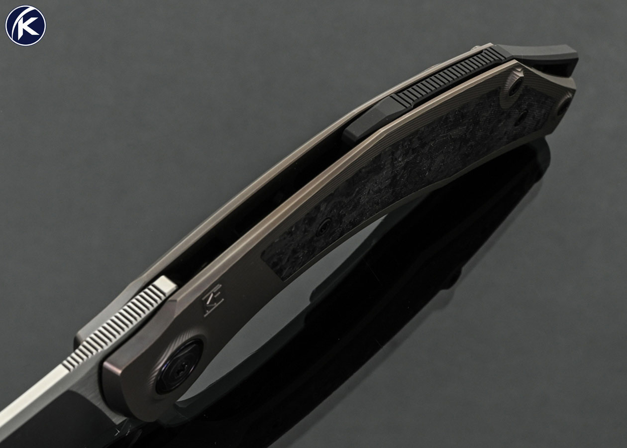 CKF-(Custom-Knife-Factory)-Custom-Knife-Ablya-Flipper-with-Bronze-Titanium-and-Fancy-Carbon-Fiber-Interframe-with-ZircuTi-Clip-#155-