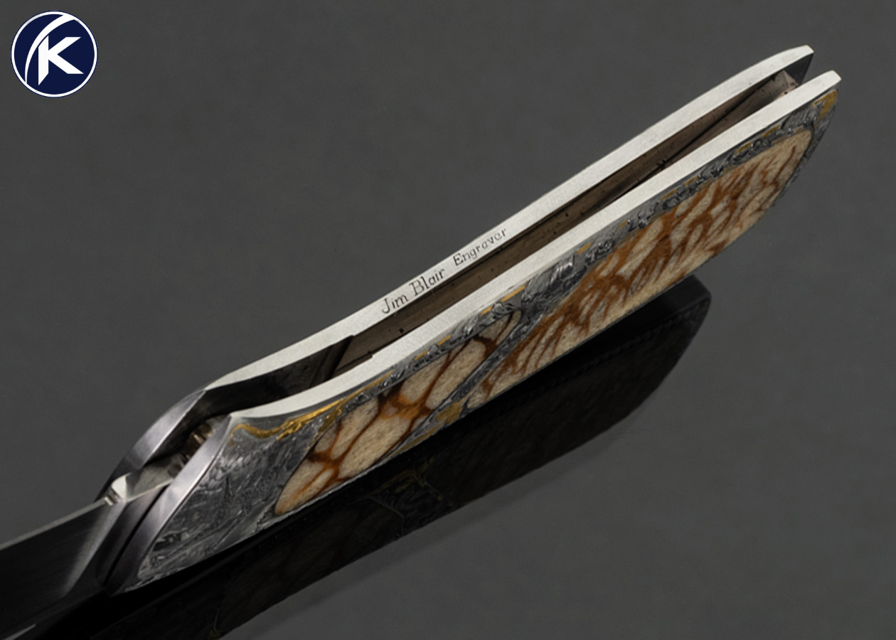 Chuck Stewart Custom Knife "Giraffes" Engraved by Jim Blair with 24Kt Gold Inlays with Double Interframe Tiger Coral Slide Release Gravity Knife - Image 5