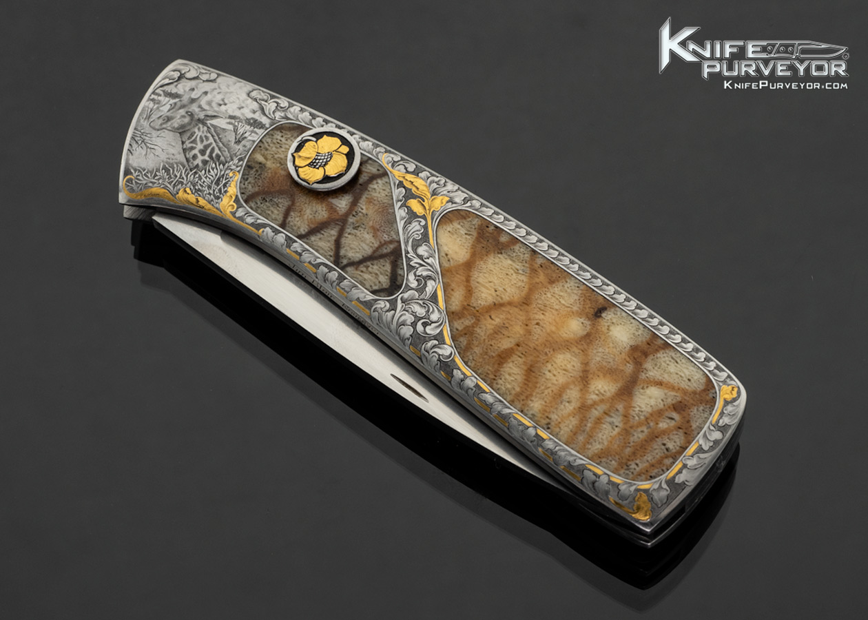 Chuck Stewart Custom Knife "Giraffes" Engraved by Jim Blair with 24Kt Gold Inlays with Double Interframe Tiger Coral Slide Release Gravity Knife - Image 2
