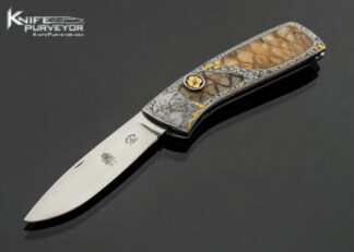 Chuck Stewart Custom Knife "Giraffes" Engraved by Jim Blair with 24Kt Gold Inlays with Double Interframe Tiger Coral Slide Release Gravity Knife 17982