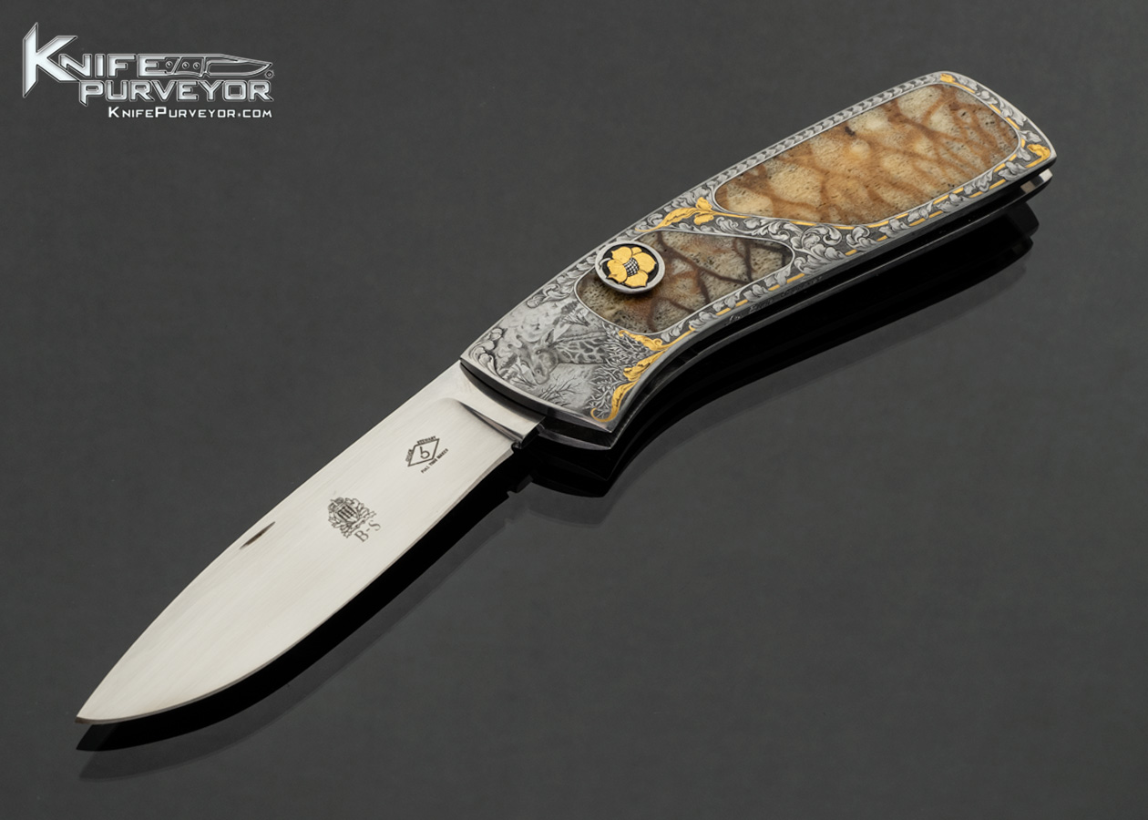 Chuck Stewart Custom Knife "Giraffes" Engraved by Jim Blair with 24Kt Gold Inlays with Double Interframe Tiger Coral Slide Release Gravity Knife 17982