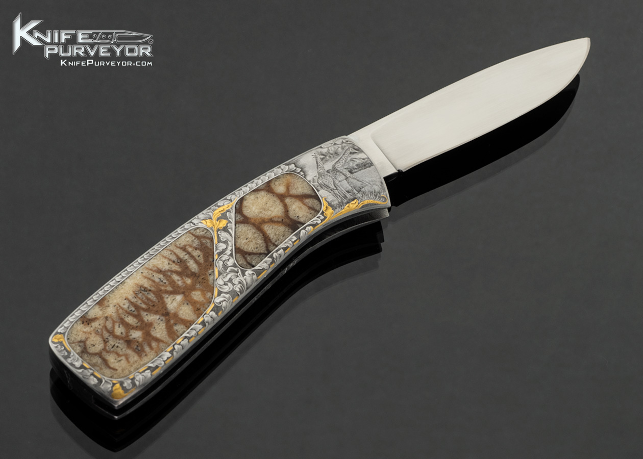 Chuck Stewart Custom Knife "Giraffes" Engraved by Jim Blair with 24Kt Gold Inlays with Double Interframe Tiger Coral Slide Release Gravity Knife - Image 3