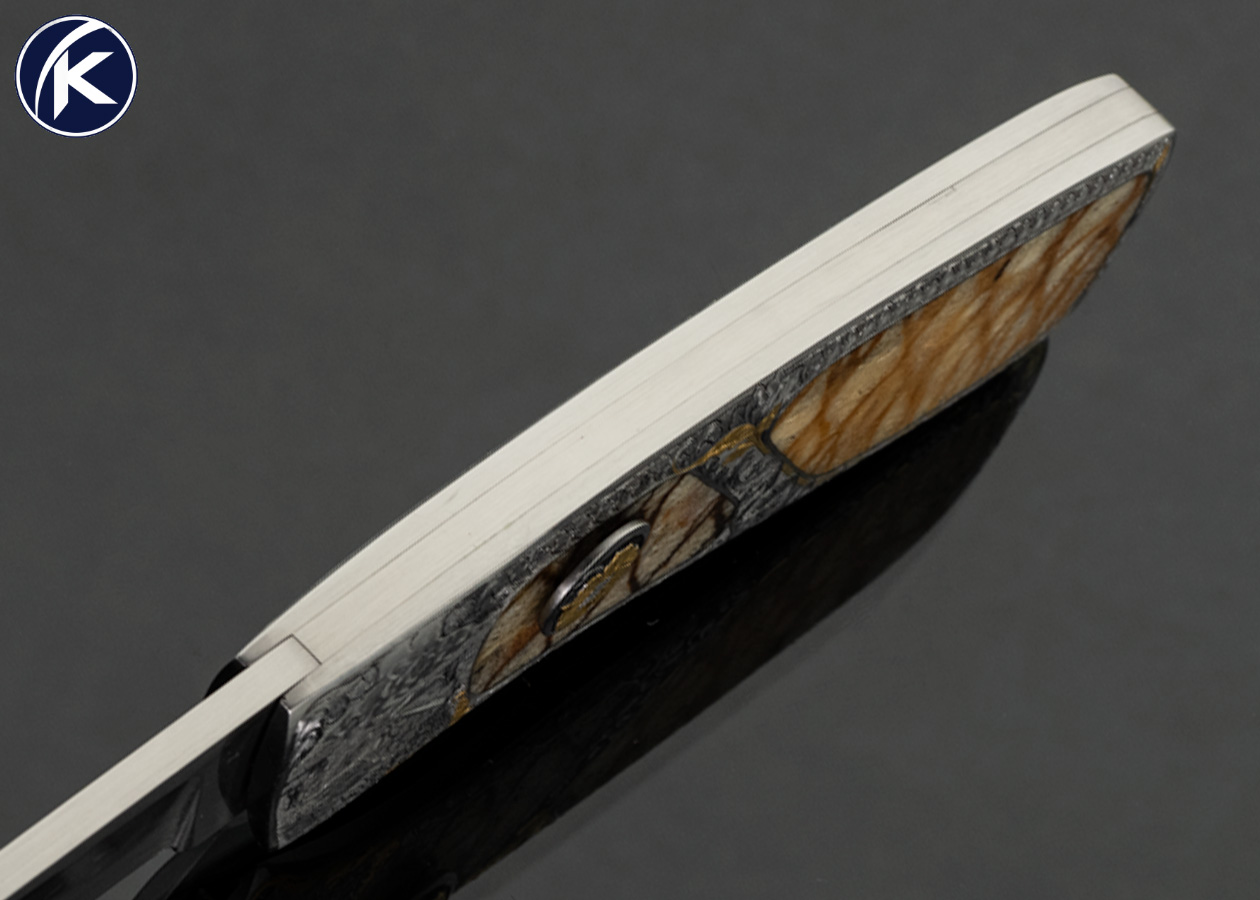 Chuck Stewart Custom Knife "Giraffes" Engraved by Jim Blair with 24Kt Gold Inlays with Double Interframe Tiger Coral Slide Release Gravity Knife - Image 4