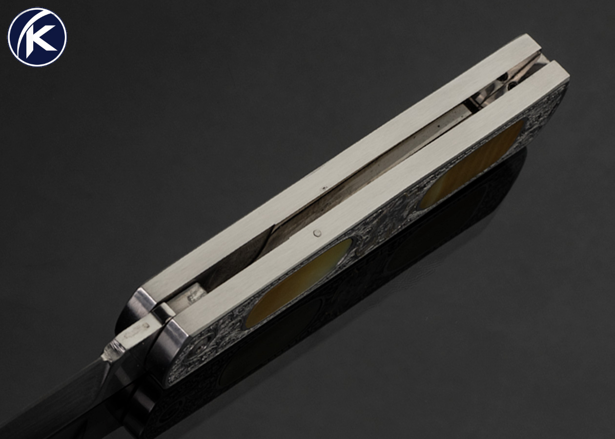 Chuck Stewart Custom Knife Jon Robyn and Dan Wilkerson Engraved Double Action Automatic Double Interframe Gold Lip Pearl Lockback with 24Kt Gold Inlays - Image 5
