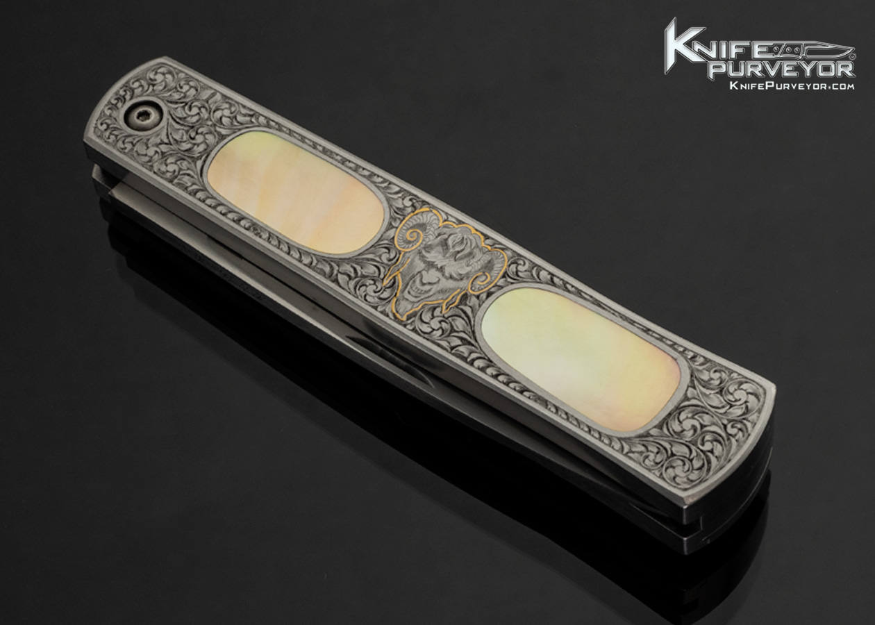 Chuck Stewart Custom Knife Jon Robyn and Dan Wilkerson Engraved Double Action Automatic Double Interframe Gold Lip Pearl Lockback with 24Kt Gold Inlays - Image 2