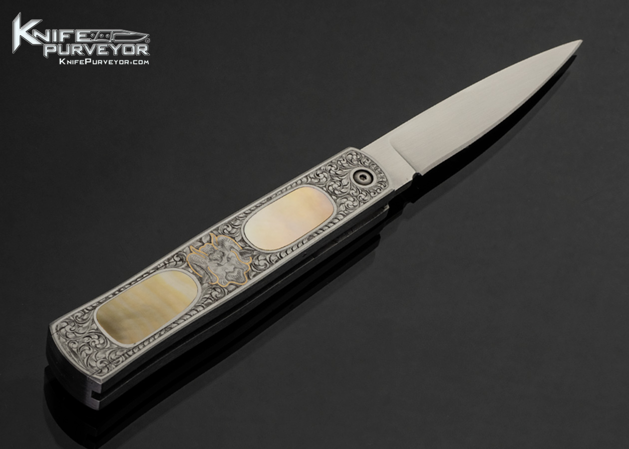 Chuck Stewart Custom Knife Jon Robyn and Dan Wilkerson Engraved Double Action Automatic Double Interframe Gold Lip Pearl Lockback with 24Kt Gold Inlays - Image 3