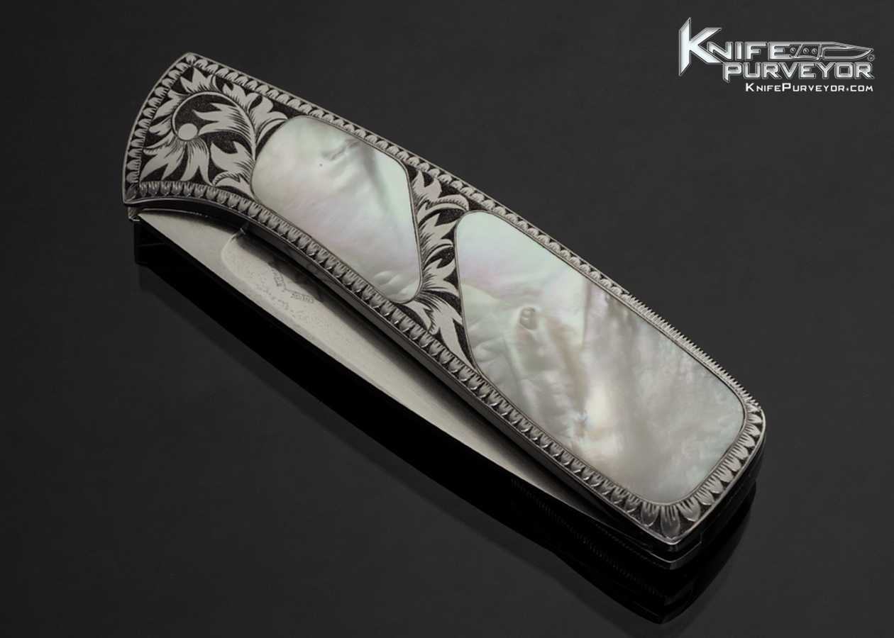 Chuck Stewart Custom Knife Tanya VanHoy Engraved Pearl Double Interframe Scale Release Automatic "Le Baron" Stewart Lock Release System - Image 2