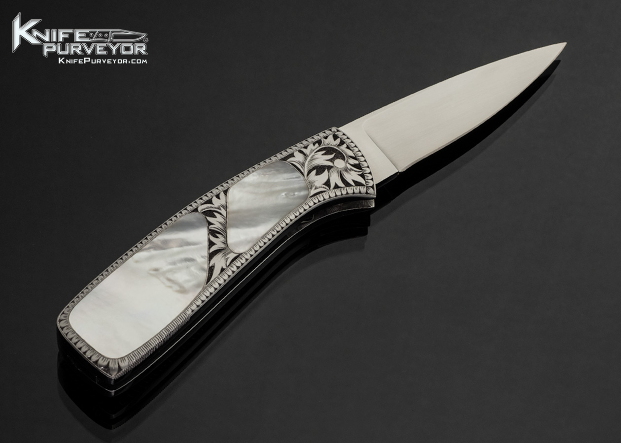 Chuck Stewart Custom Knife Tanya VanHoy Engraved Pearl Double Interframe Scale Release Automatic "Le Baron" Stewart Lock Release System - Image 3