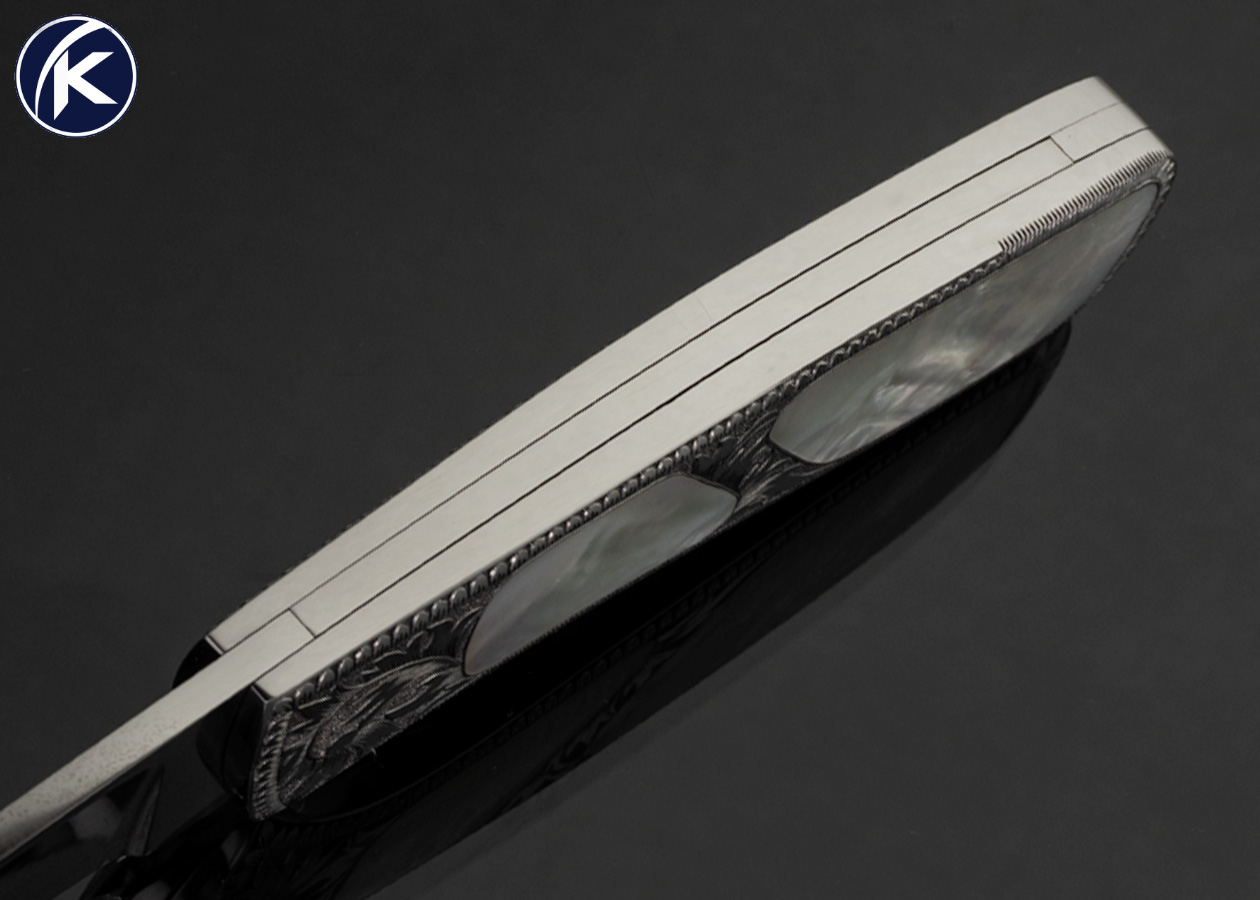 Chuck Stewart Custom Knife Tanya VanHoy Engraved Pearl Double Interframe Scale Release Automatic "Le Baron" Stewart Lock Release System - Image 5