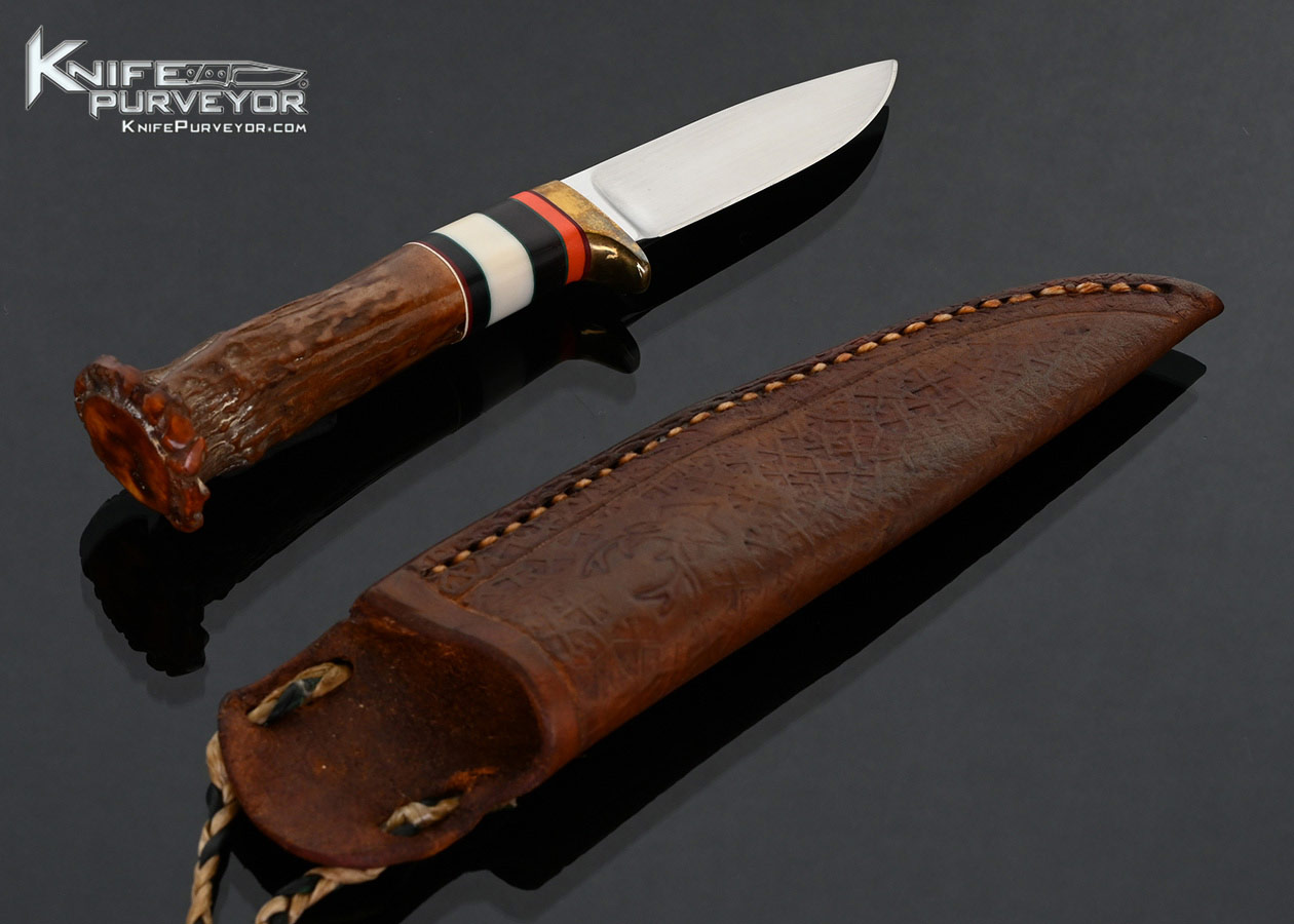 Dave Ricke Custom Knife Crown Stag Small Hunter with Leather Sheath - Image 2