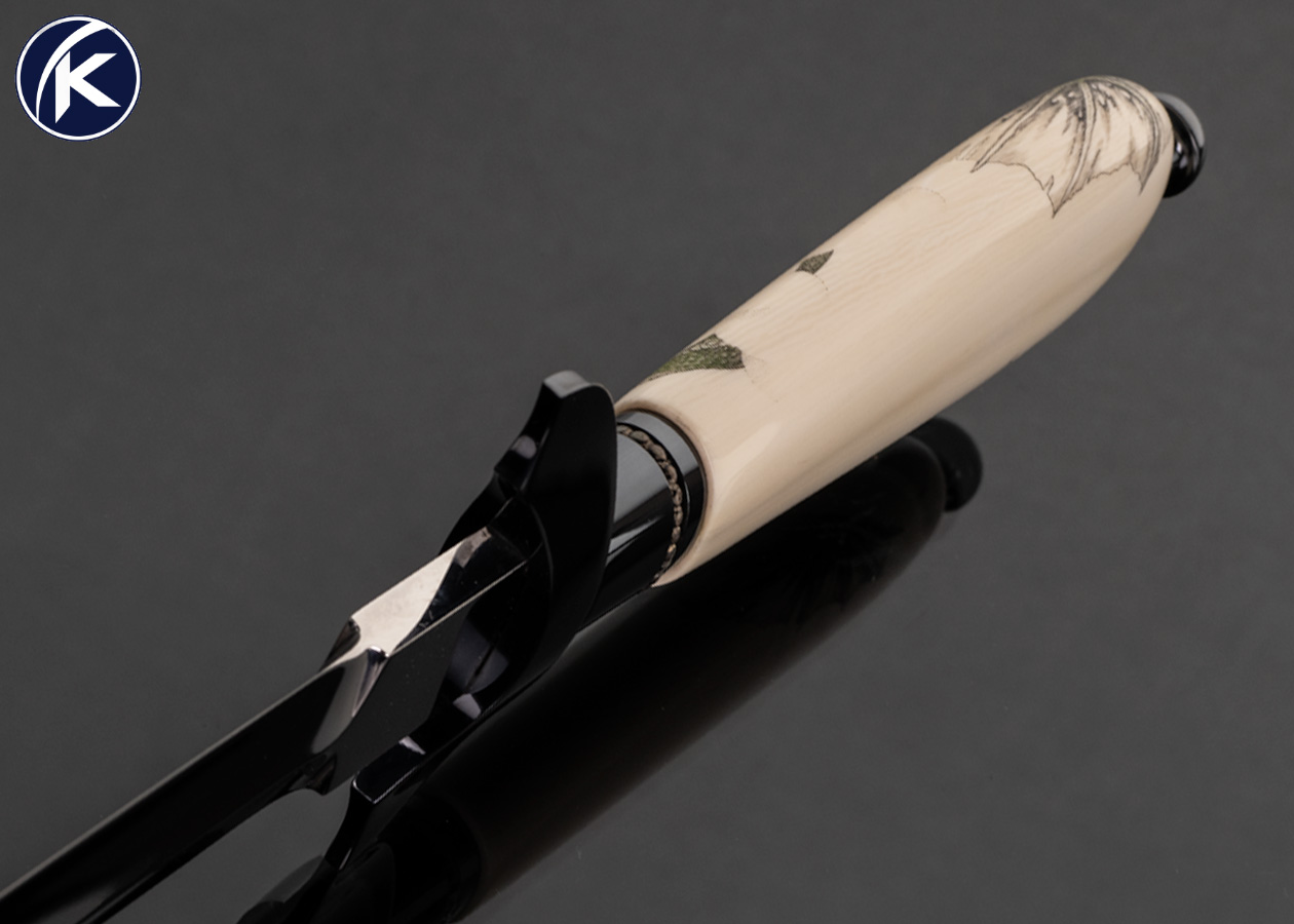 Dennis Friedly Custom Knife Blued Steel with Sterling Silver Wire Inlays and Mammoth Scrimshawed by Linda Karst Dagger - Image 5