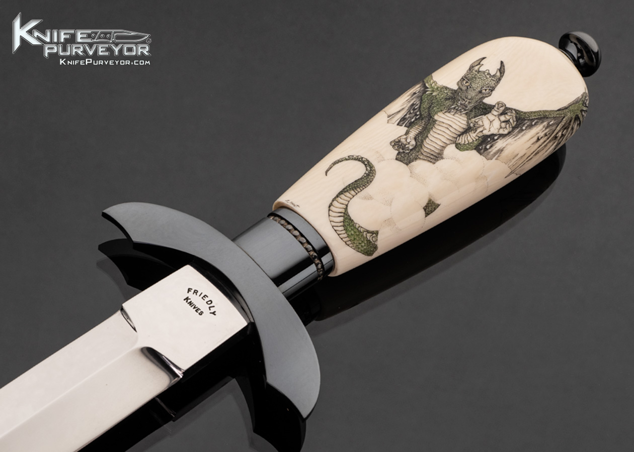 Dennis Friedly Custom Knife Blued Steel with Sterling Silver Wire Inlays and Mammoth Scrimshawed by Linda Karst Dagger - Image 2