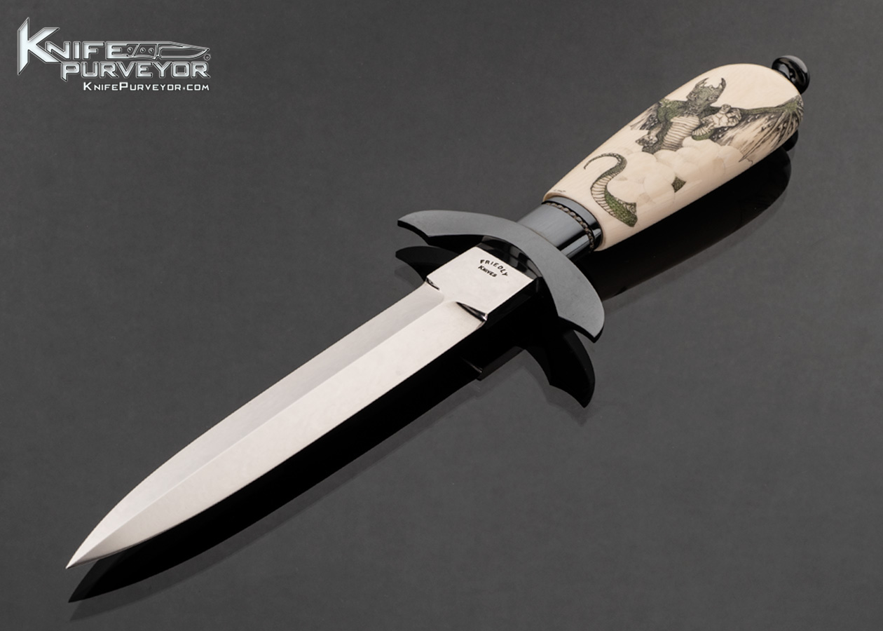 Dennis Friedly Custom Knife Blued Steel with Sterling Silver Wire Inlays and Mammoth Scrimshawed by Linda Karst Dagger 17698