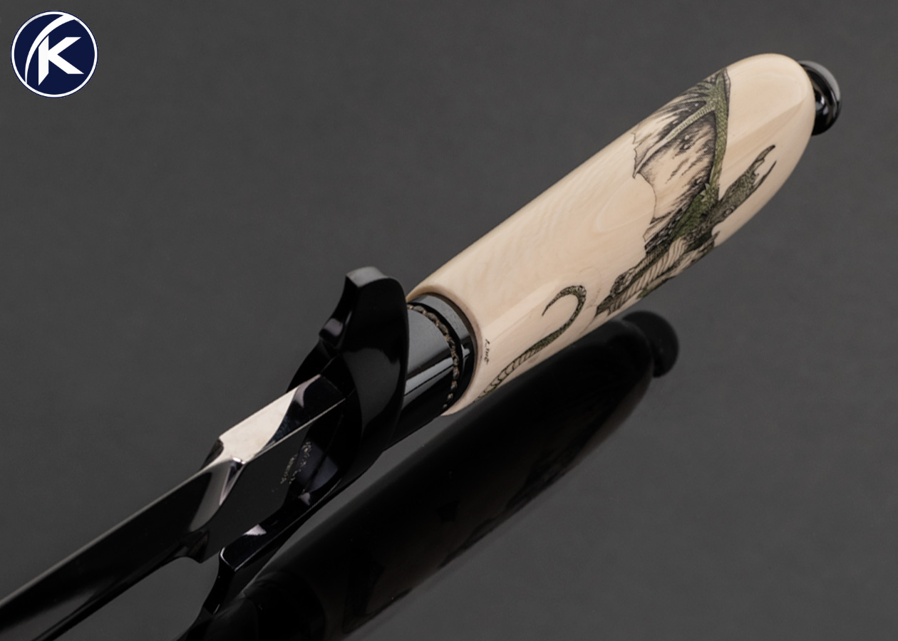 Dennis Friedly Custom Knife Blued Steel with Sterling Silver Wire Inlays and Mammoth Scrimshawed by Linda Karst Dagger - Image 4