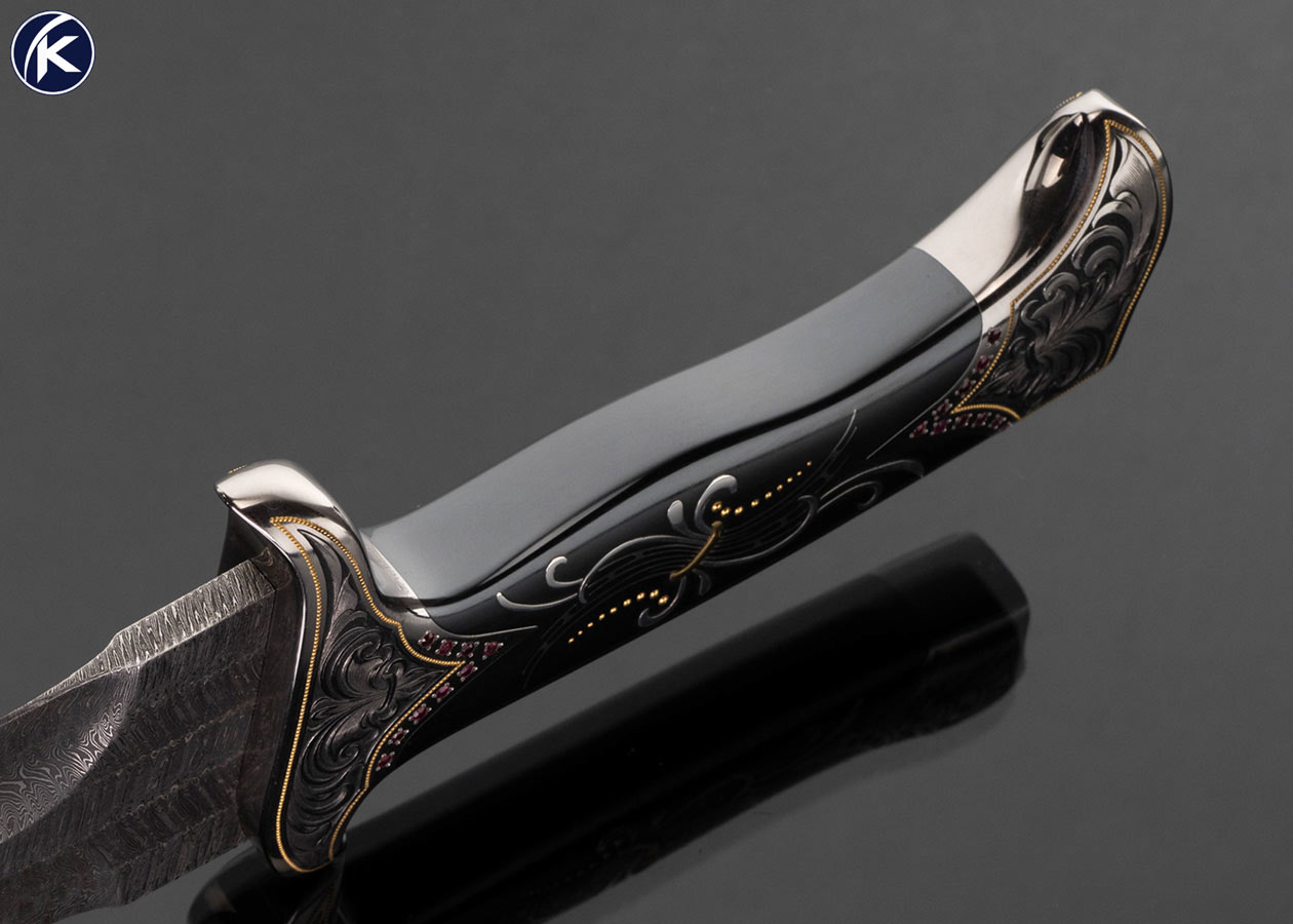 Don Lozier Custom Knife Jerry Rados Forged to Shape Turkish Twist Damascus Persian Fighter Engraved by Julie Warenski