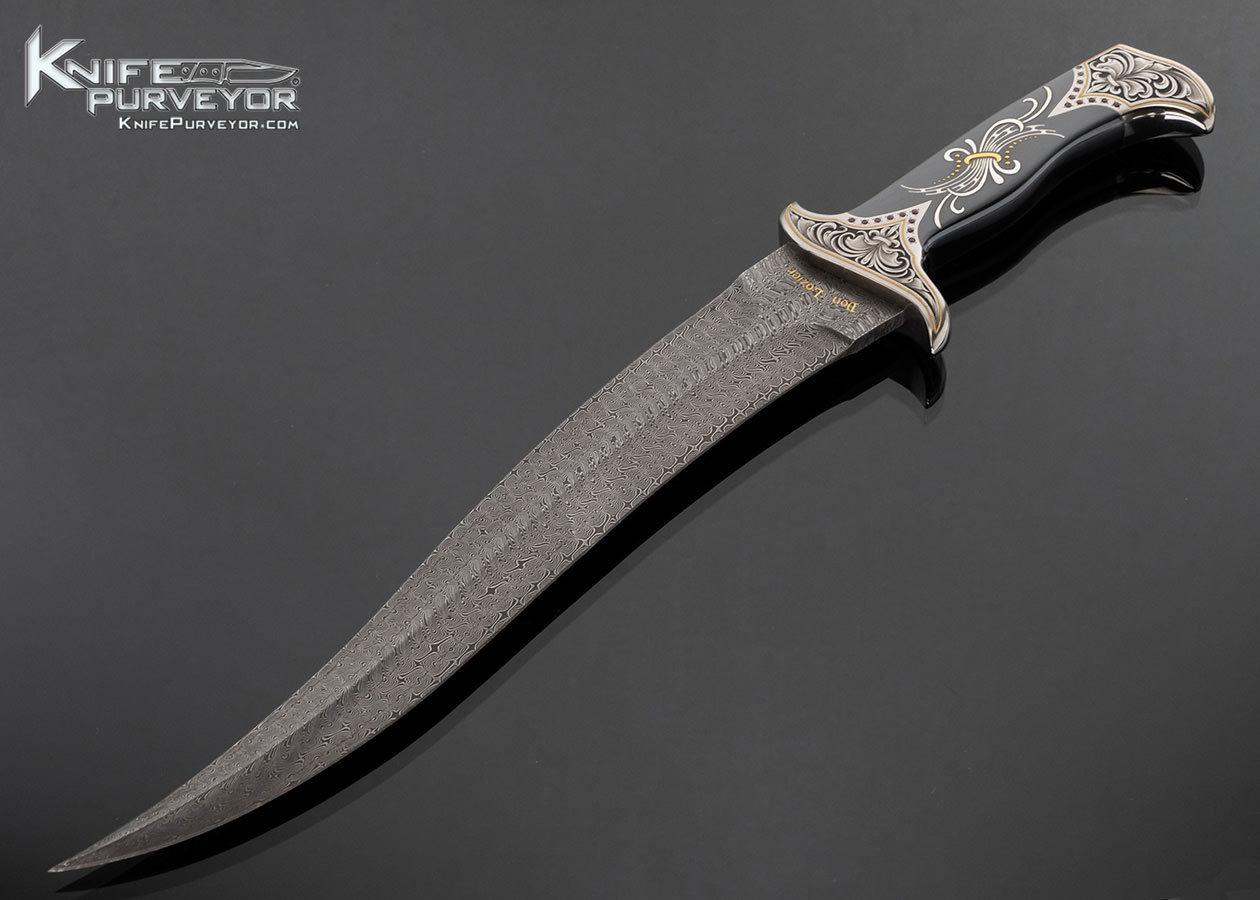 Don Lozier Custom Knife Jerry Rados Forged to Shape Turkish Twist Damascus Persian Fighter Engraved by Julie Warenski