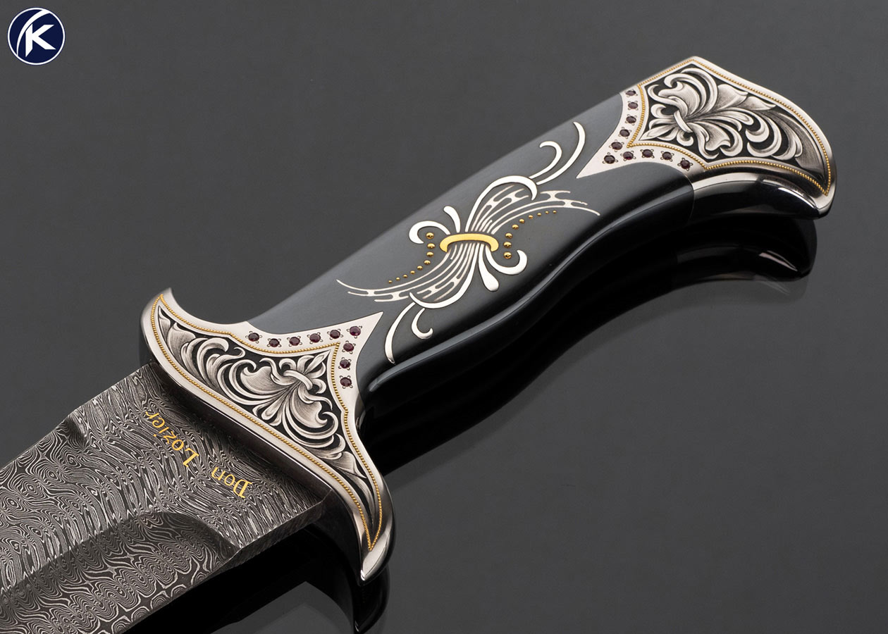 Don Lozier Custom Knife Jerry Rados Forged to Shape Turkish Twist Damascus Persian Fighter Engraved by Julie Warenski