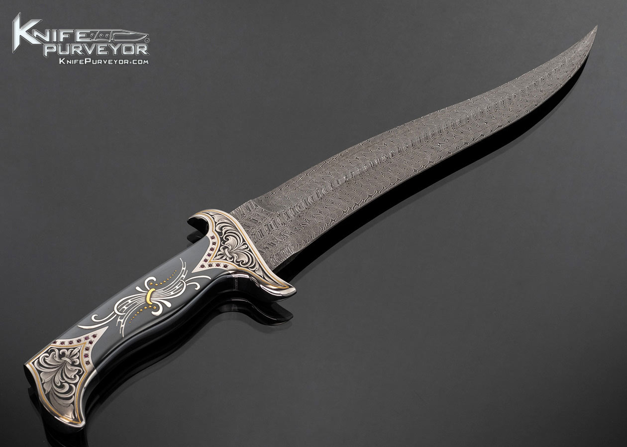 Don Lozier Custom Knife Jerry Rados Forged to Shape Turkish Twist Damascus Persian Fighter Engraved by Julie Warenski