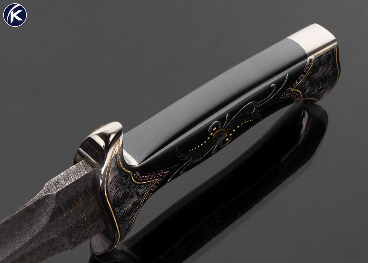 Don Lozier Custom Knife Jerry Rados Forged to Shape Turkish Twist Damascus Persian Fighter Engraved by Julie Warenski