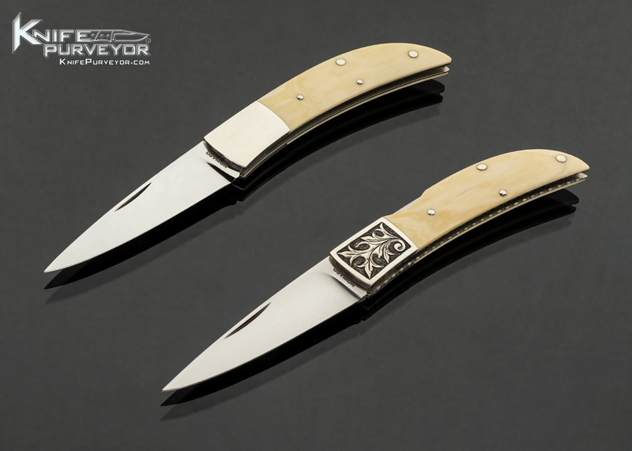 Durvyn Howard Custom Knife Mammoth Top Lock Folder Engraved by Gary Allard 2 and Nickel Silver and Mammoth Slip Lock with Half Stop 2 Knife Set 17989