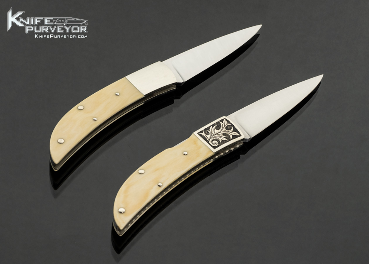 Durvyn Howard Custom Knife Mammoth Top Lock Folder Engraved by Gary Allard 2 and Nickel Silver and Mammoth Slip Lock with Half Stop 2 Knife Set - Image 3