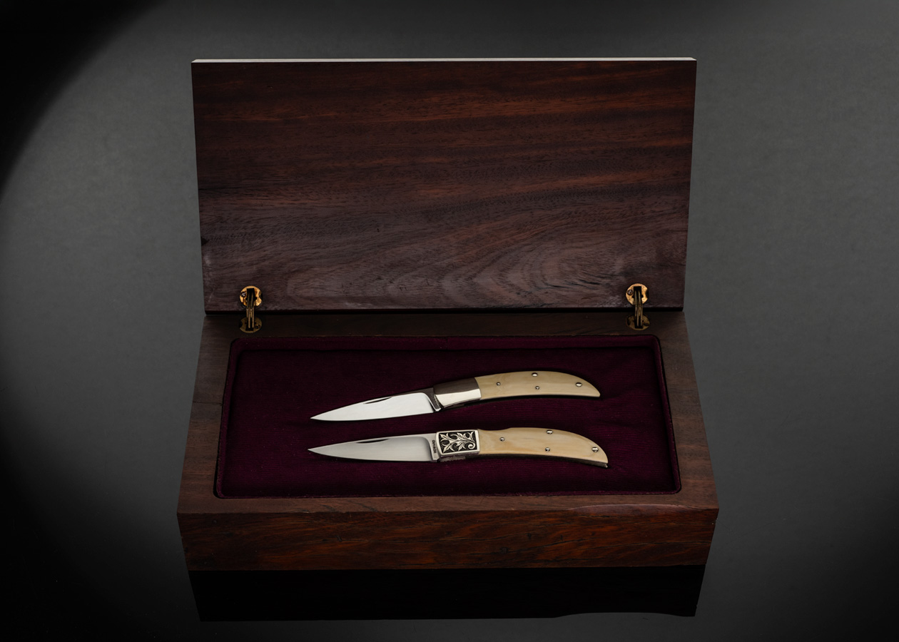 Durvyn Howard Custom Knife Mammoth Top Lock Folder Engraved by Gary Allard 2 and Nickel Silver and Mammoth Slip Lock with Half Stop 2 Knife Set - Image 7