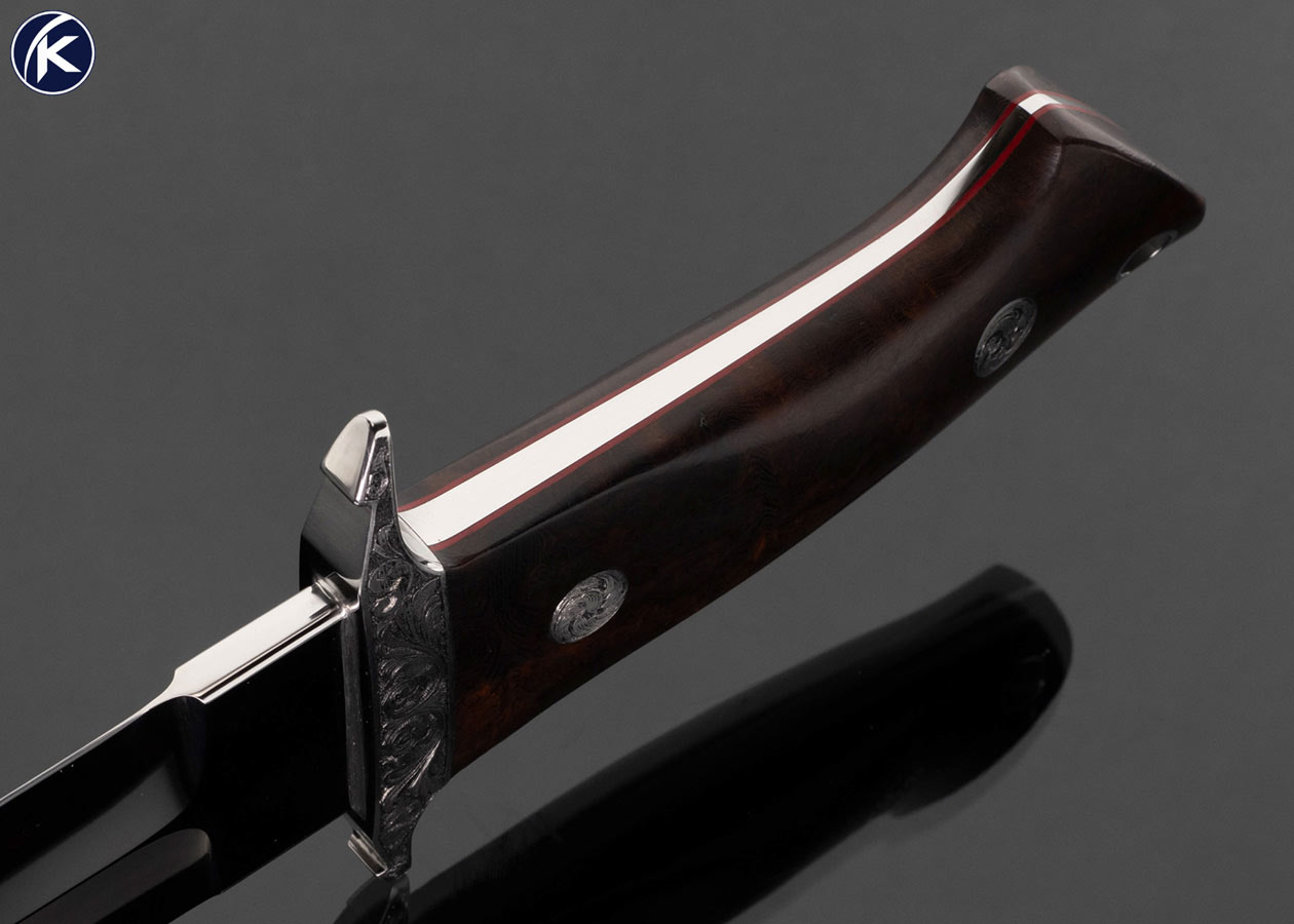 Hajime Ozaki Custom Knife Engraved Desert Ironwood Bob Loveless Design Battle Knife with Leather Sheath - Image 6