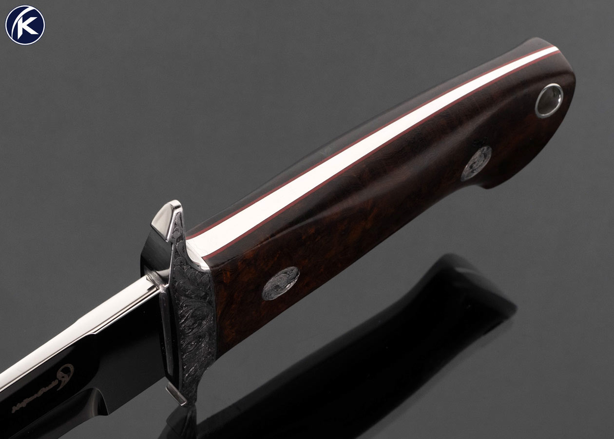 Hajime Ozaki Custom Knife Engraved Desert Ironwood Bob Loveless Design Battle Knife with Leather Sheath - Image 5