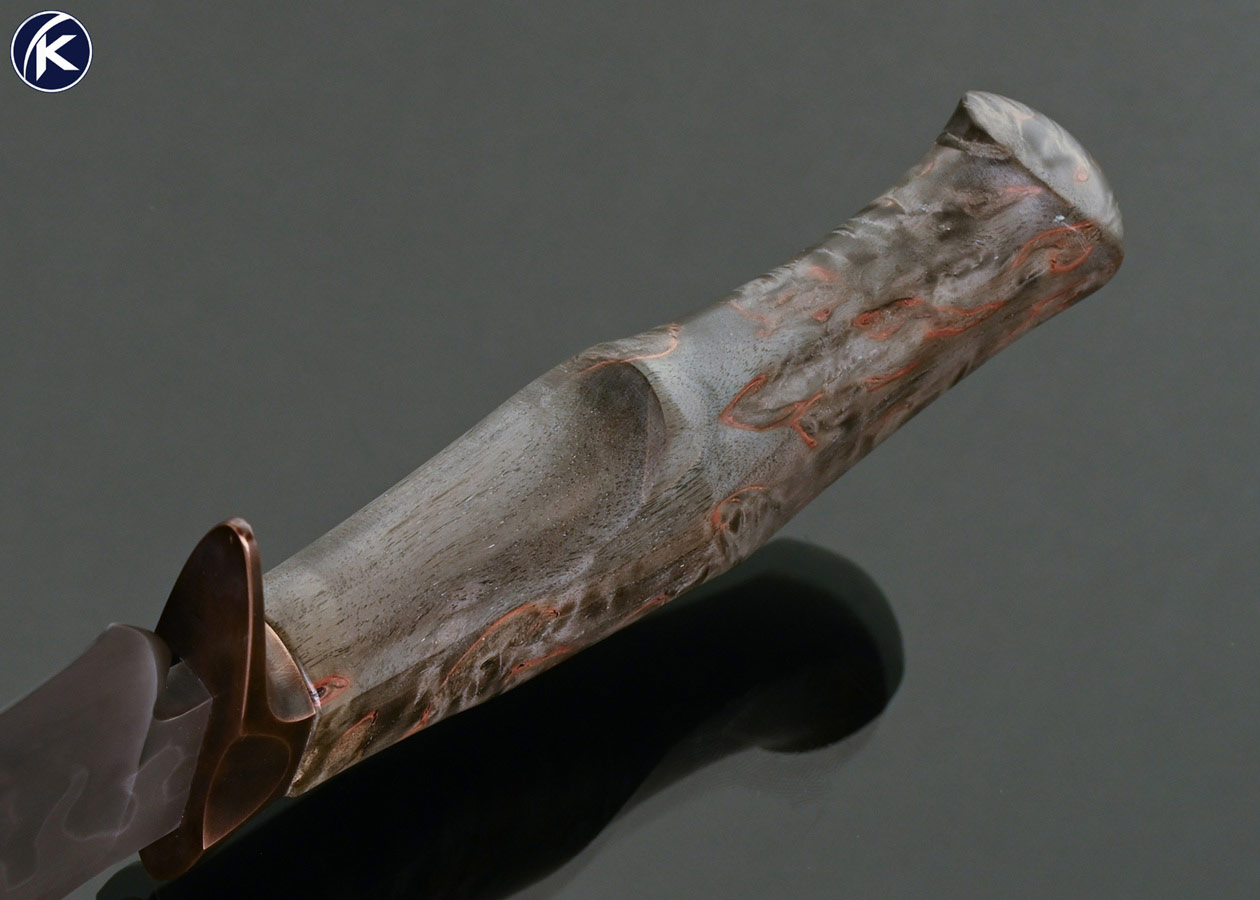 Jan-Hafinec-Custom-Knife-Hamon-with-Bronze-Guard-and-Maple-Burl-Wood-with-Sheath-