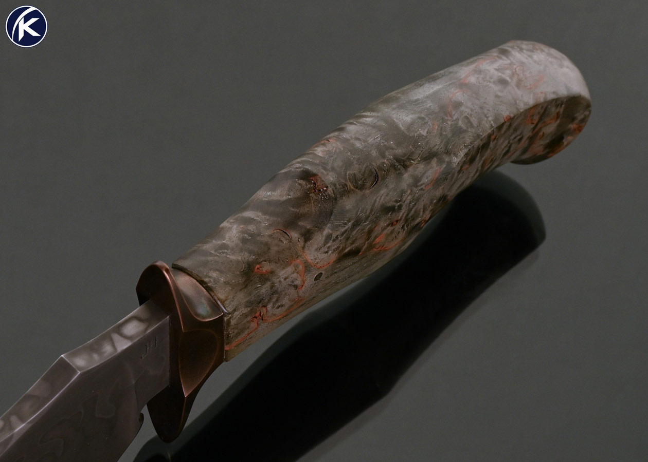 Jan-Hafinec-Custom-Knife-Hamon-with-Bronze-Guard-and-Maple-Burl-Wood-with-Sheath-