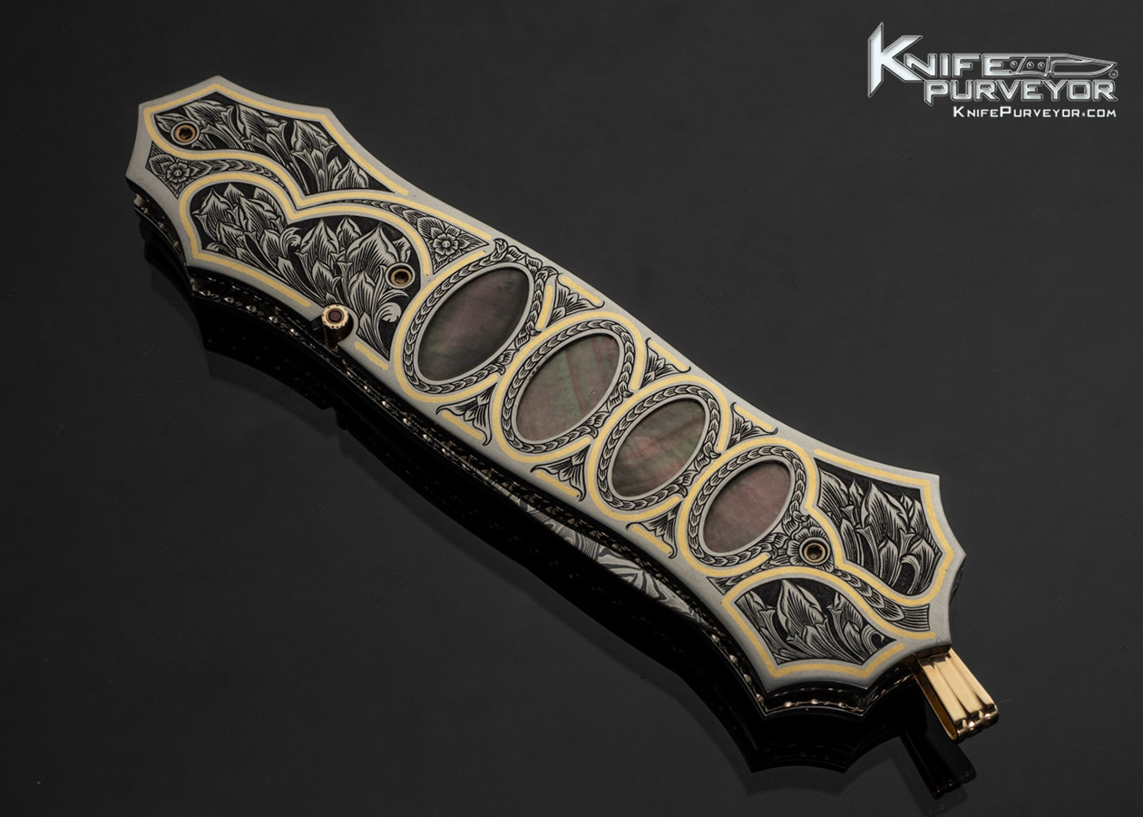 Jerry Corbit Custom Knife Robert Eggerling Damascus Black Lip Pearl Multi Interframe Linerlock Dagger Engraved by Bruce Shaw with Gold Inlays and Gold Bale - Image 2