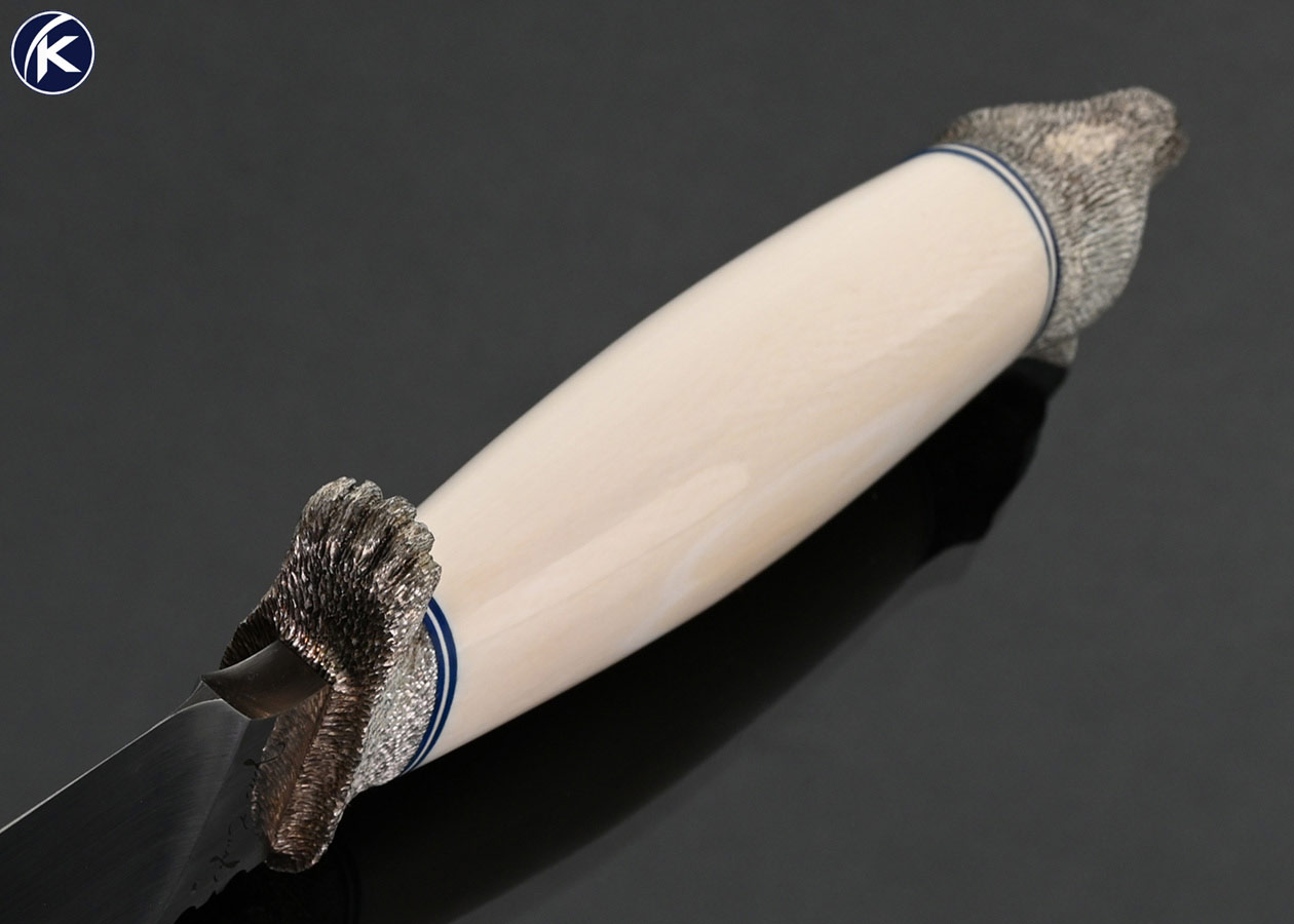 Jim Pugh Custom Knife "25th Anniversary" Engraved Blade with Carved Sterling Silver by Raymonde Pugh and Mammoth Bowie #1 17678