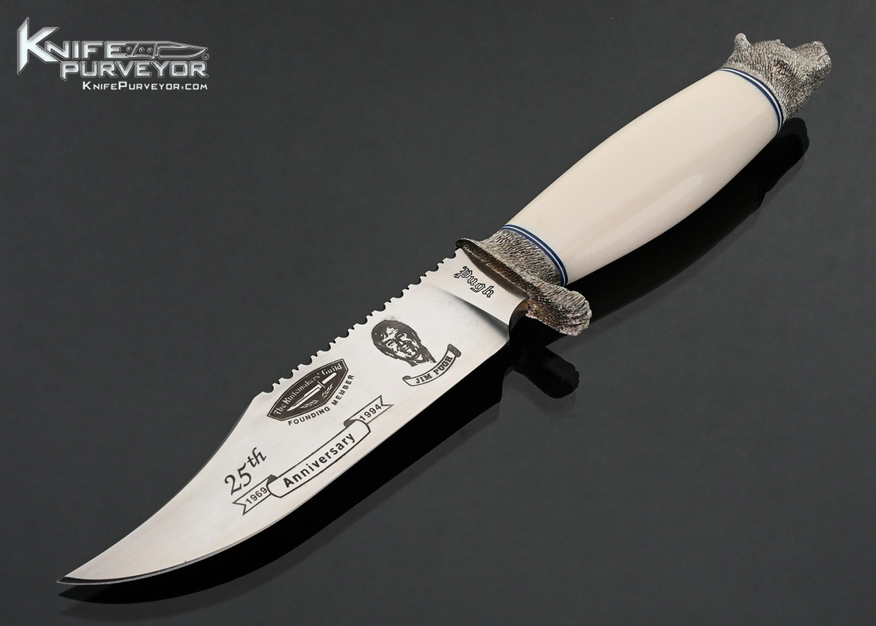 Jim Pugh Custom Knife "25th Anniversary" Engraved Blade with Carved Sterling Silver by Raymonde Pugh and Mammoth Bowie #1 17678