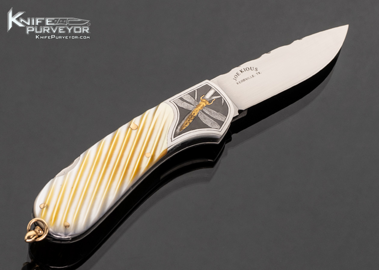 Joe Kious Custom Knife Fluted Gold Lip Pearl Lockback with 14Kt Gold Bail Engraved by Christy George - Image 3